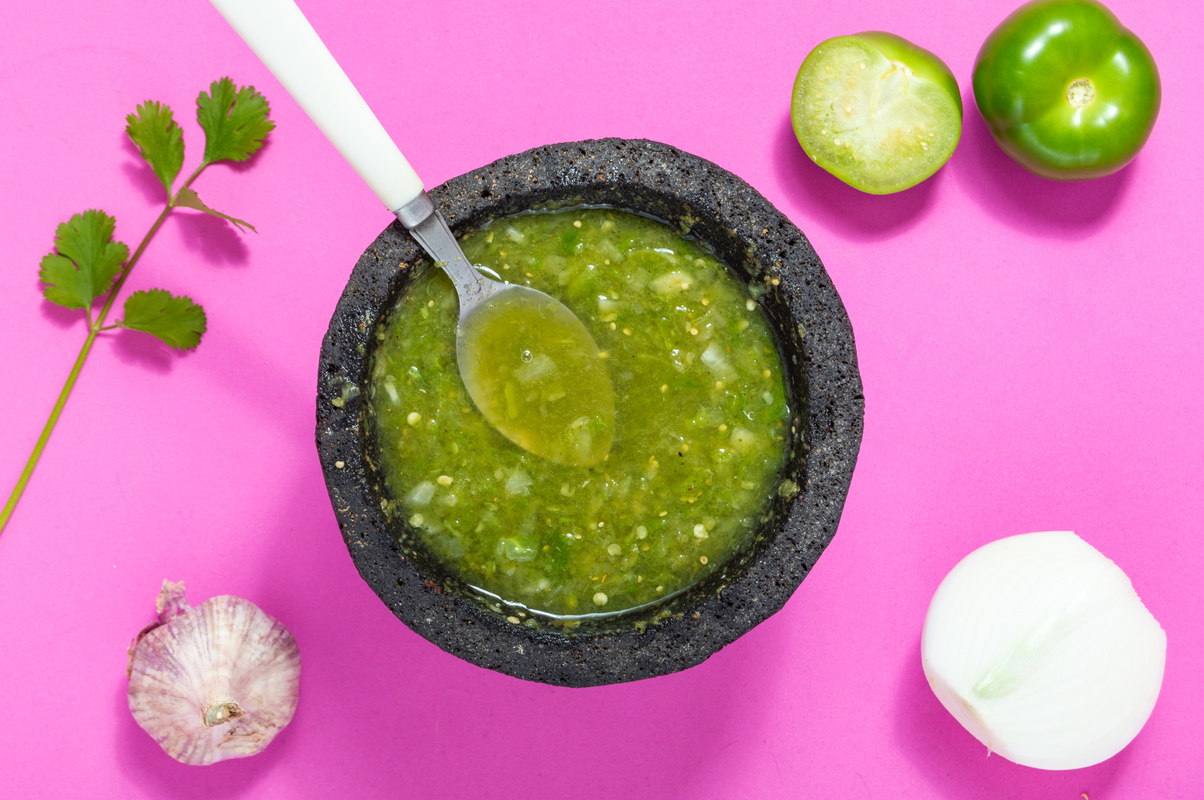 Raw salsa verde ingredients, Mexican food, green sauce