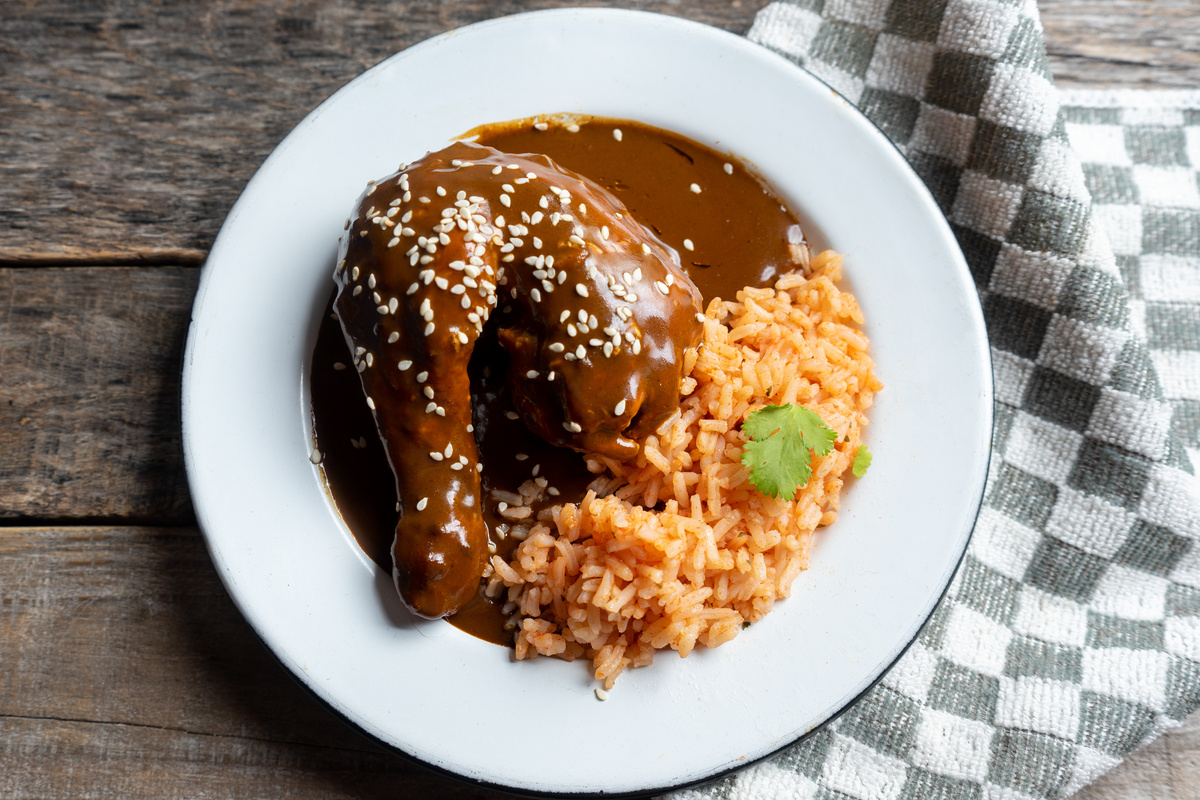 Mexican chicken with mole sauce and red rice