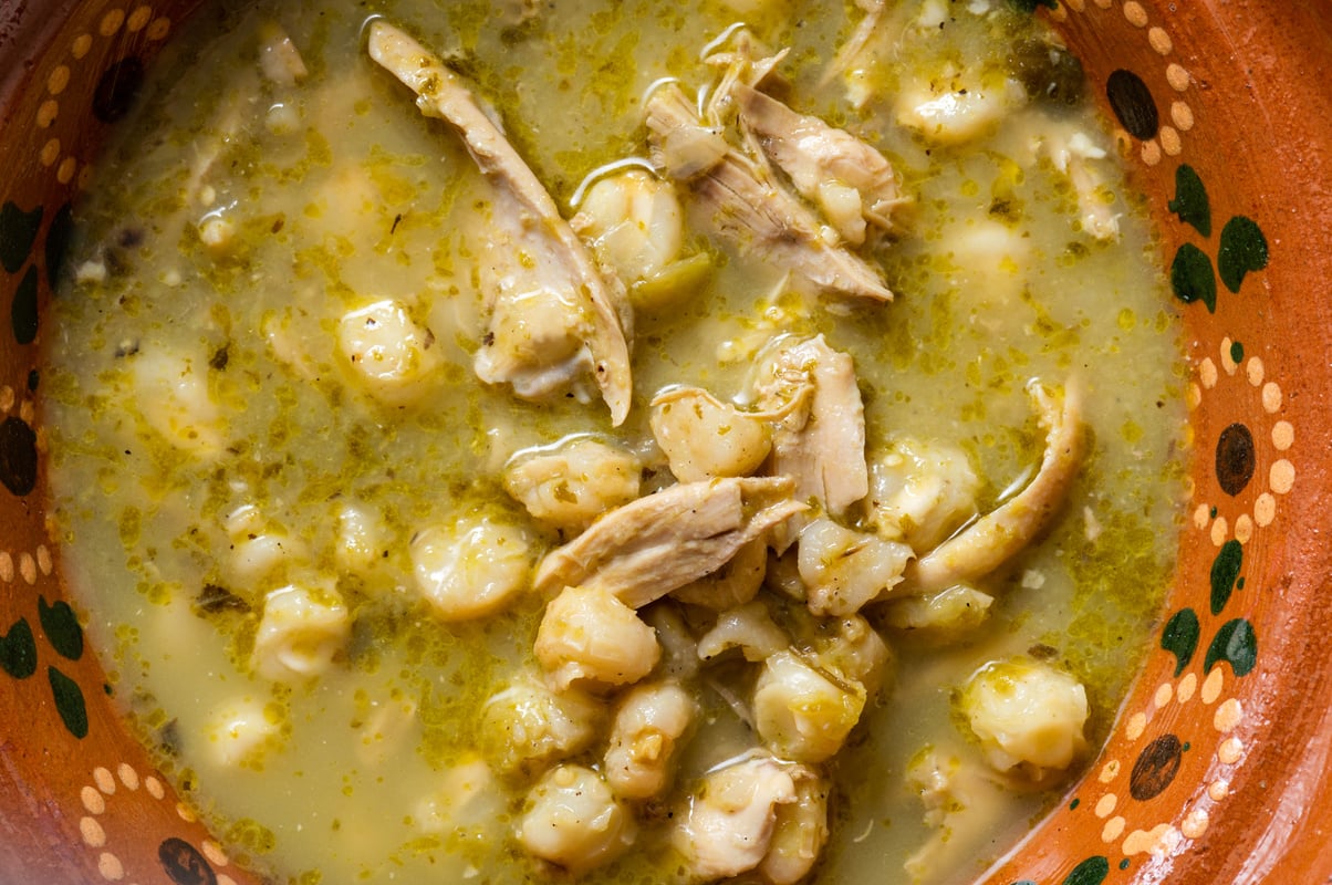 Green Pozole, traditional Mexican cuisine, hominy stew