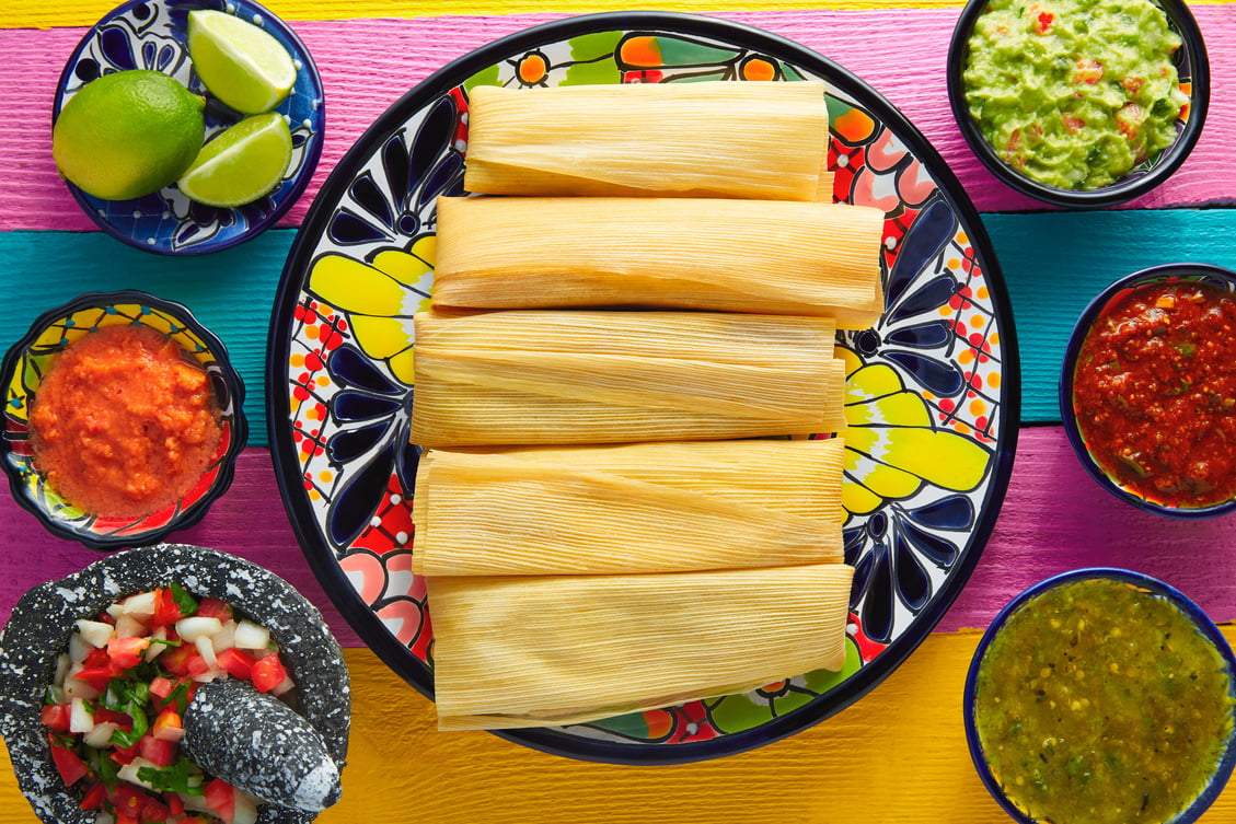 Tamale with Corn Leaf and Sauces Guacamole