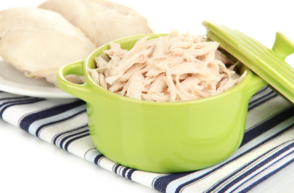 Shredded Boiled Chicken in Green Pan Close up