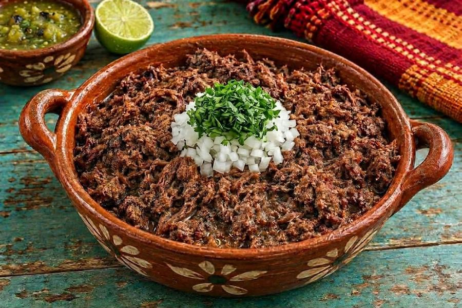 Cazuela of slow-cooked shredded beef barbacoa topped with onion and cilantro