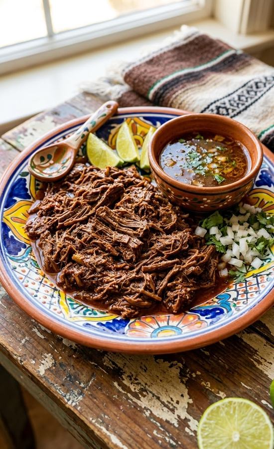 Bowl of beef birria with tortillas