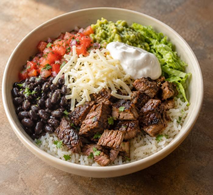 Rice bowl with beef, beans and toppings