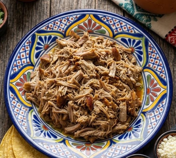 Plate of shredded pork carnitas with tortillas