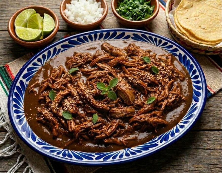 Pollo en Mole Casero Michoacano: shredded chicken in homestyle mole