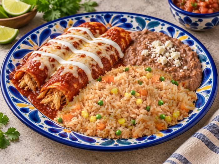Enchilada plate with rice and beans