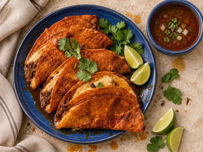 Crispy quesabirria tacos with salsa