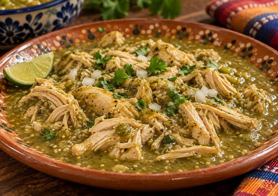 Pollo Verde: shredded chicken in tomatillo salsa